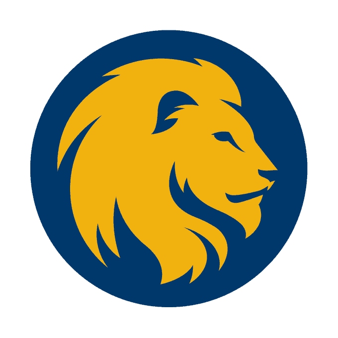 Gold lion head logo with blue background.