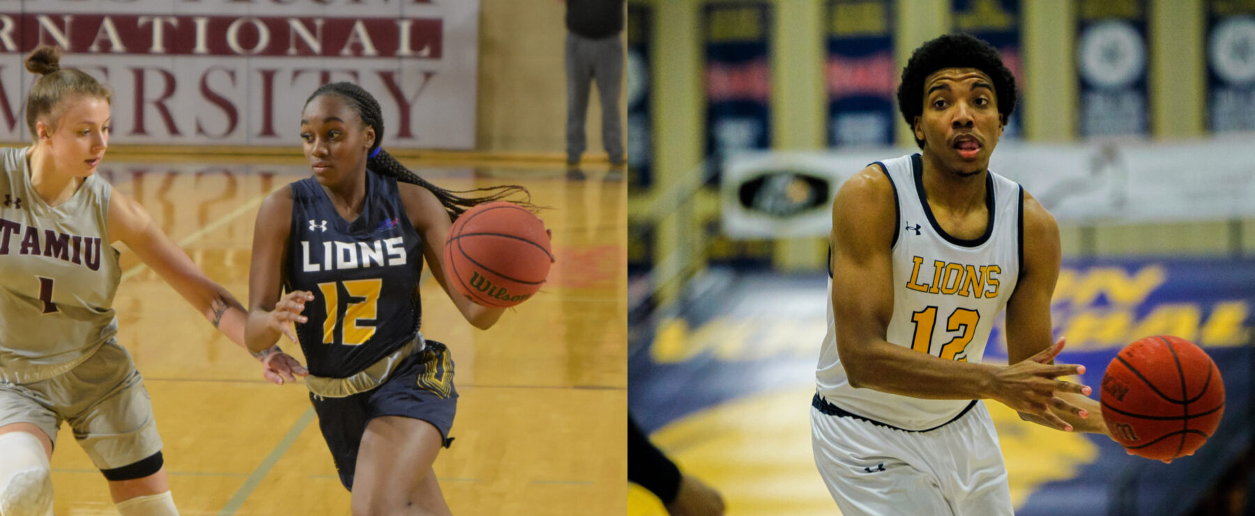 Two images, one is a male dribbling a basket ball. The other is a female dribbling a basket ball.