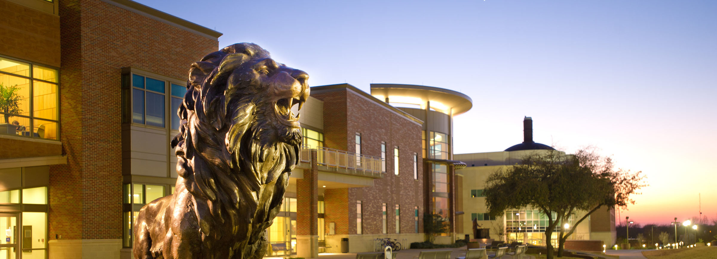 Lion statue in front of a bricked building. It is in the evening and the focus is on the lion.