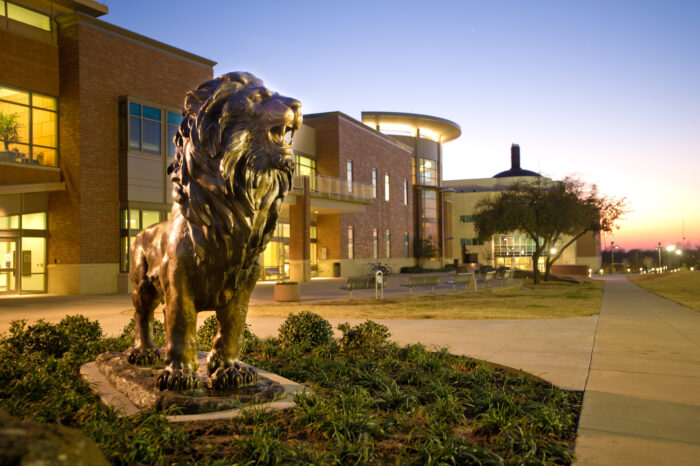 Lion statue in front of a bricked building. It is in the evening and the focus is on the lion.