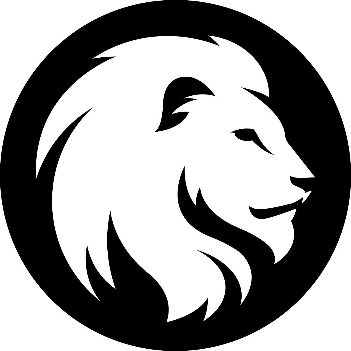 Black and white lion head logo.