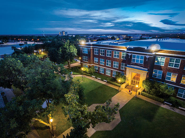East Texas A&M campus at sunset.
