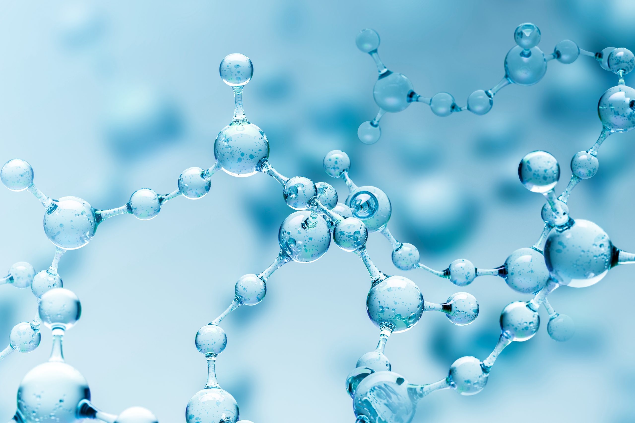 Transparent blue abstract molecule model over blurred blue molecule background. Concept of science, chemistry, medicine and microscopic research. 3d rendering copy space