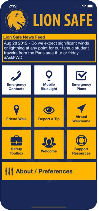 Screenshot of the home screen in the Lion Safe app.