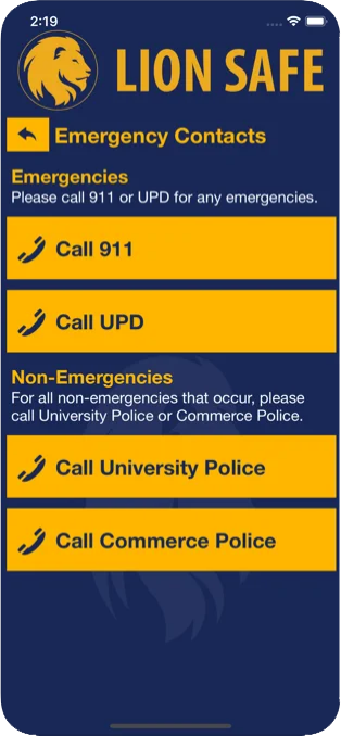 Screenshot of of Emergency Contacts page in the Lion Safe App.