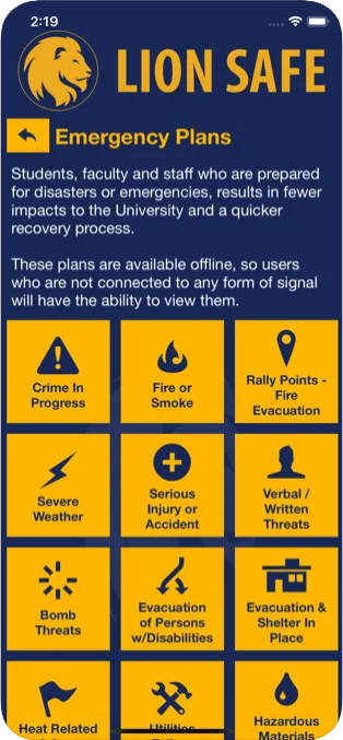 Screenshot of the emergency plans page in the Lion Safe app.