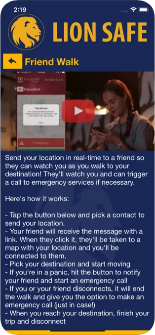 Screenshot of the friend walk in the Lion Safe app, a location sharing service to make sure companions arrive to their destinations safely.