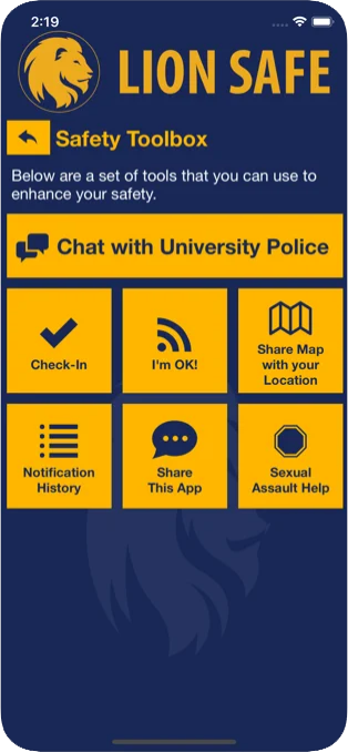 Screenshot of the safety toolbox in the Lion Safe app.