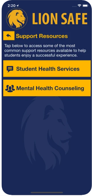 Screenshot of the support resources page in the Lion Safe app.