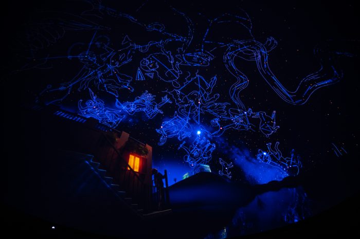 Inside the planetarium. Its showing the star constellations. Its very dark.