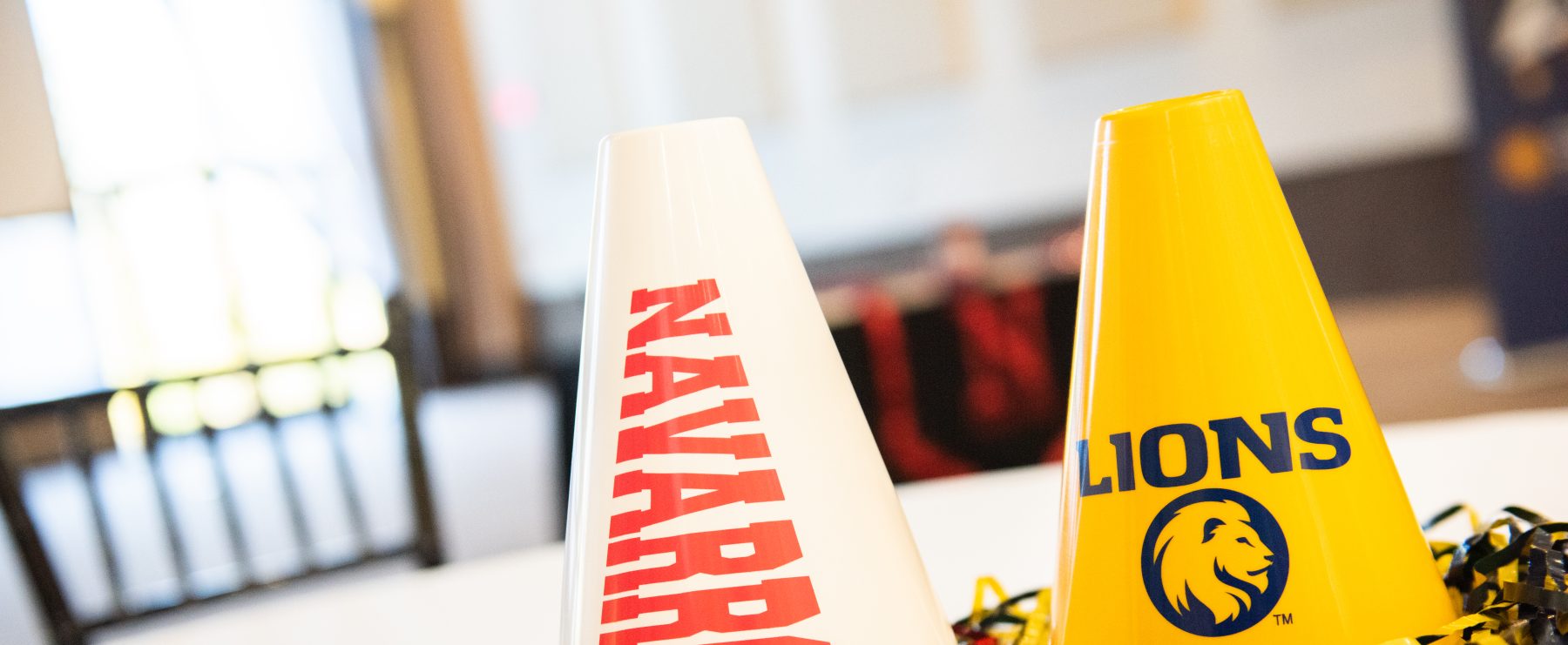 Two cheer megaphones, one white with red letters spelling NAVARRO, and one yellow with the TAMUC lion logo and the word LIONS in blue.