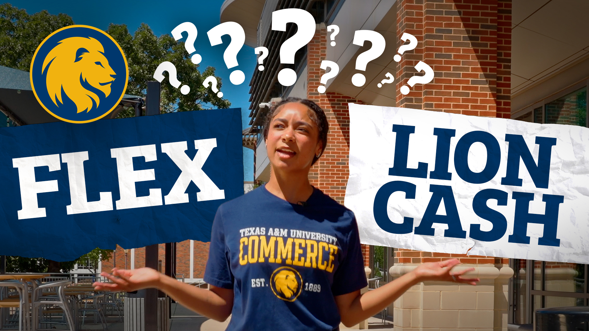 A female in the middle of the picture with Flex or Lion Cash and questions marks at the top.