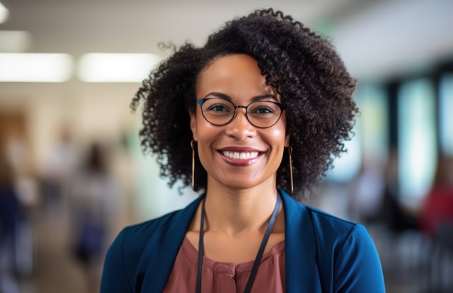 A confident woman with curly hair and glasses smiles warmly while standing in a professional setting. She is wearing a blue blazer and a name tag, exuding approachability and professionalism.
