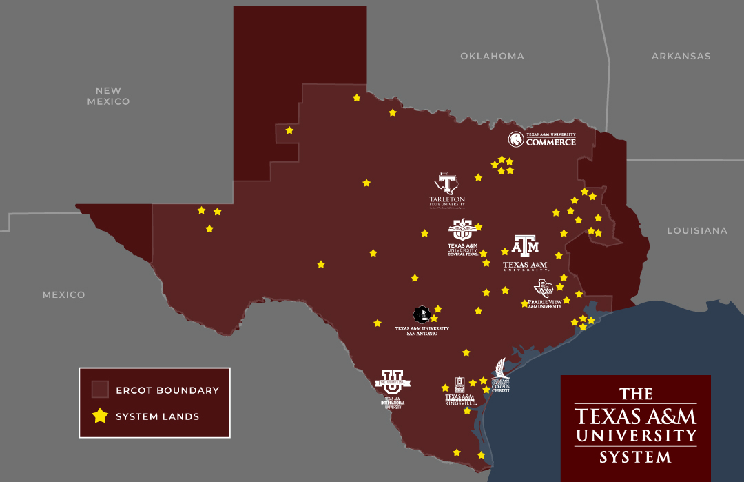 Image of Texas in maroon with yellow stars indicating power grid locations.