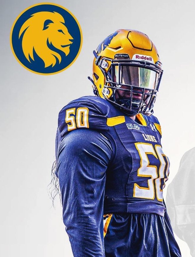 A&M-Commerce lion head logo in the top left. Football player Levi Drake Rodriguez in full uniform on the right.
