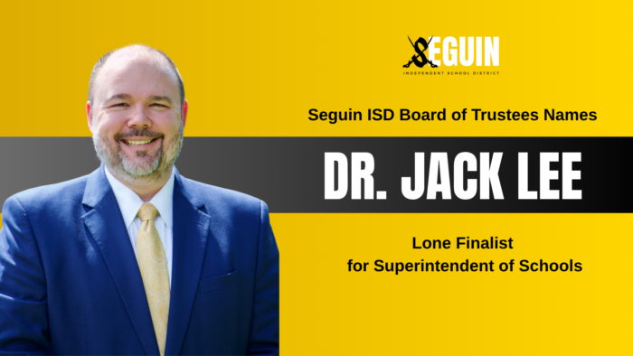 Image of Dr. Lee in a suit, with captions introducing him as the next superintendent of Senguin ISD.