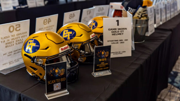 A line of football helmets on a table.