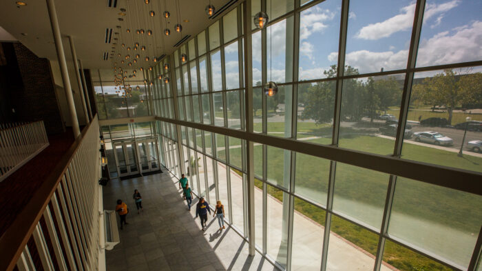 The inside of a modern building on a college campus
