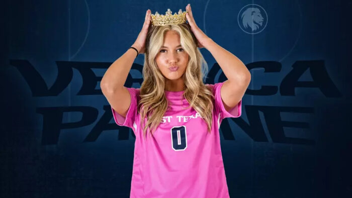 A graphic featuring a soccer player in uniform placing a crown on their head.