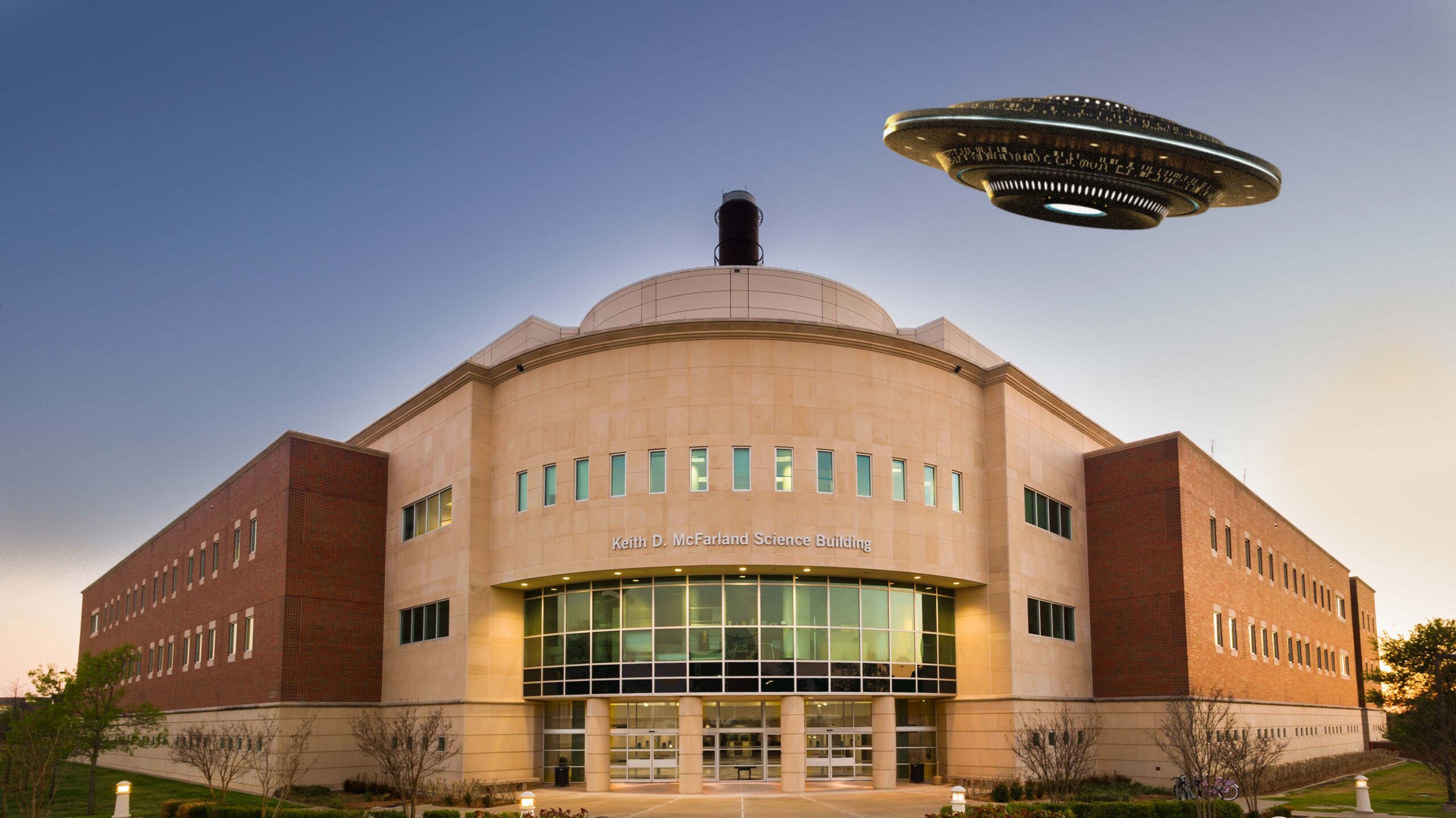 A flying saucer hovering over the Science Building.